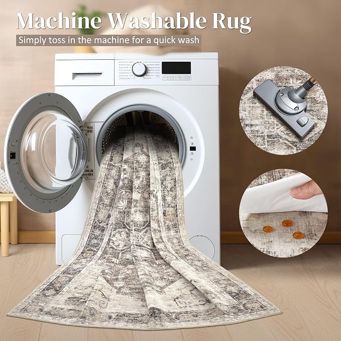 Area Rug for Living Room - 10X12 Soft Washable Vintage Floral Distressed Large Carpet - Fade Stain Resistant Non Slip Rugs for Bedroom Dining Room Nursery Dorm Office Home Decor - Dark Brown