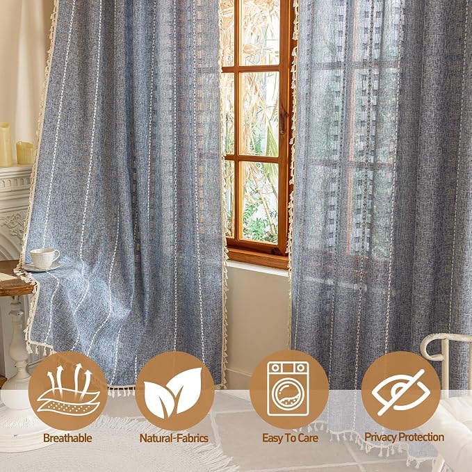 Boho Sheer Blue Curtains 84 inches Long 2 Panels for Living Room Bedroom,Farmhouse, Bohemian Beige Tassels Country Light Filtering Curtains Shabby Chic Embroidery Striped Draps Back Tab, 50" W
