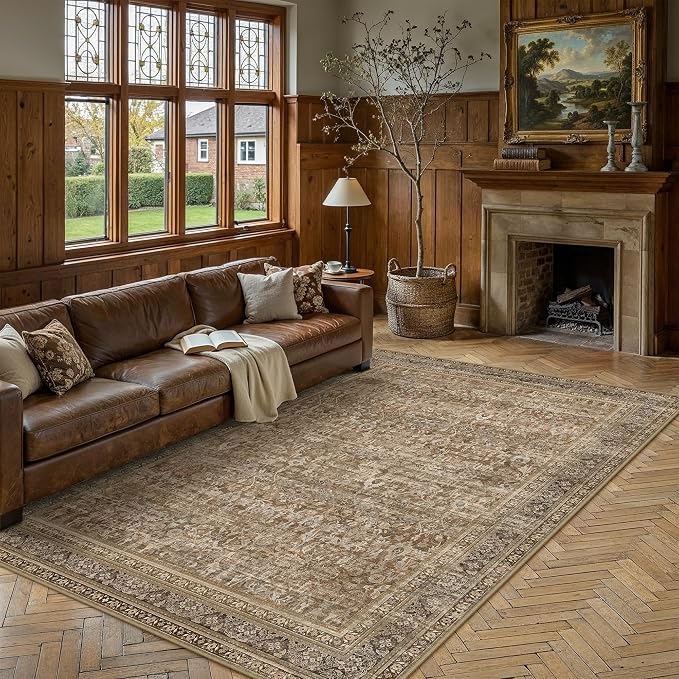 9x12 Brown Neutral Retro Area Rug | Washable, Low Pile, Floral, Soft, Non Slip, Carpet for Living Room Bedroom Dining Room Nursery Office Indoor Home Decor