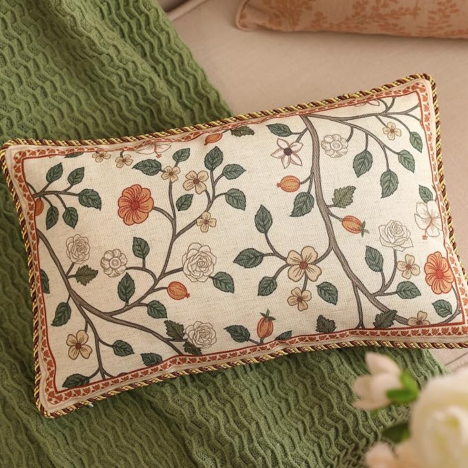 ISAENNE Designer Elegant Vintage Linen Throw Pillow Cover,20"x12"-Flora A | French Rectangle Decor Pillow Cover,Concealed Zipper Design,Floral Pattern,Sofa,Bedroom,Living Room,Lounge Chairs
