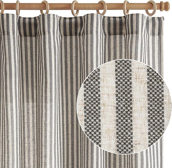 jinchan Linen Curtains 84 Inch Black Stripe on Beige Back Tab 2 Panels | Curtains For Living Room Bedroom,Ticking Stripe, Farmhouse Cottage Core Rustic,Rod Pocket Window Treatment,Light Filtering