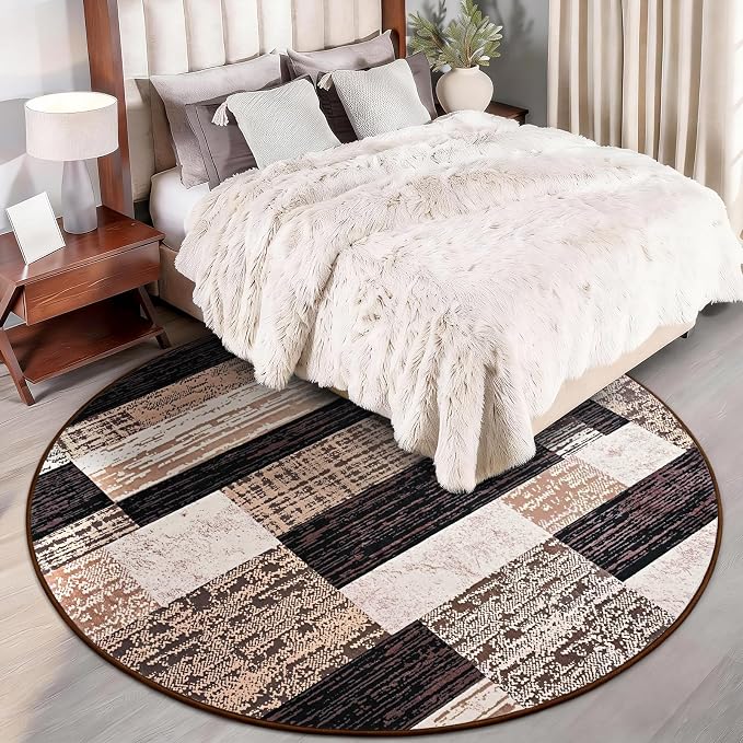 FlyDOIT Modern Round Area Rug for Living Room, 5Ft Washable Round Rug Chocolate Geometric Patchwork Circle Rugs for Dining Room Table, Large Circular Floor Carpet for Bedroom Home Office