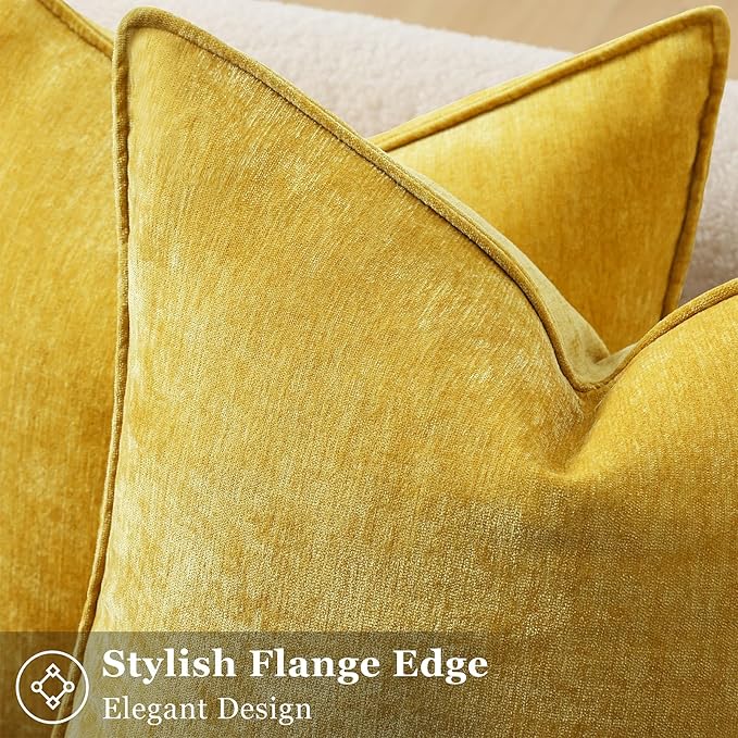 decorUhome Chenille Mineral Yellow Throw Pillow Covers 16x16 Set of 2 | Fall Soft Couch Decorative Modern Velvet Pillow Cases with Elegant Design for Sofa Bed Living Room Home Decor