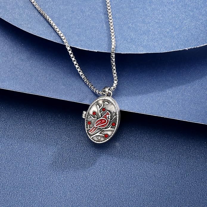 APOTIE Silver Vintage Locket Necklace for Photo Tree of Life Cardinal Keepsake Holds Pictures Memorial Pendant Jewelry for Women (Cardinal)