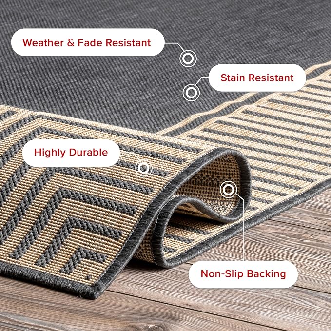 Nuloom Asha Dark Grey/Ivory, 8' x 10', Casual, Striped Border, Soft and Cozy, High Traffic, Stain Resistant, Easy Clean, Durable Area Rug for Indoor/Outdoor Patio, Deck, Porch, Garden, Courtyard