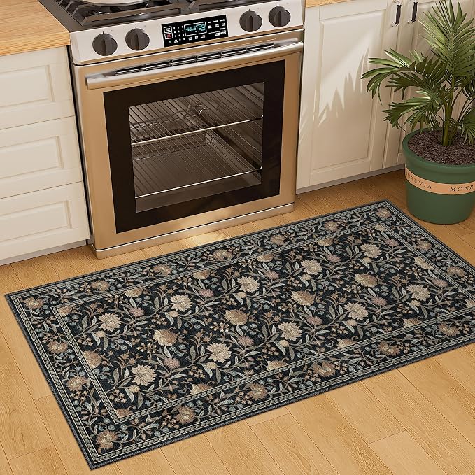 DUKINO 2x4 Rug, Washable Vintage Floral Entryway Rug Non Slip, Black | Low Pile, Non-Shedding, Stain Resistant Boho Lightweight Soft Indoor Carpet for Kitchen Bathroom Hallway Laundry Farmhouse