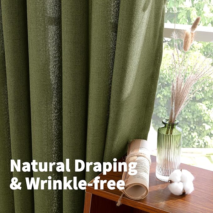 YoungsTex Olive Linen Curtains 95 Inches Long 2 Panels for Living Room, Dark Green Semi Sheer Drapes with Bronze Grommet Window Treatments Floor Length for Bedroom Dining, 52 X 95 Inch