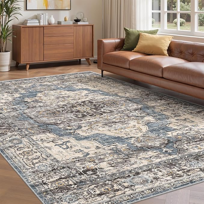 befbee 5x7 Area Rugs for Living Room, Stain Resistant Neutral Washable Rugs for Dining Room, Floral Vintage Non-Slip Thin Large Size Area Rug (Blue/Black)