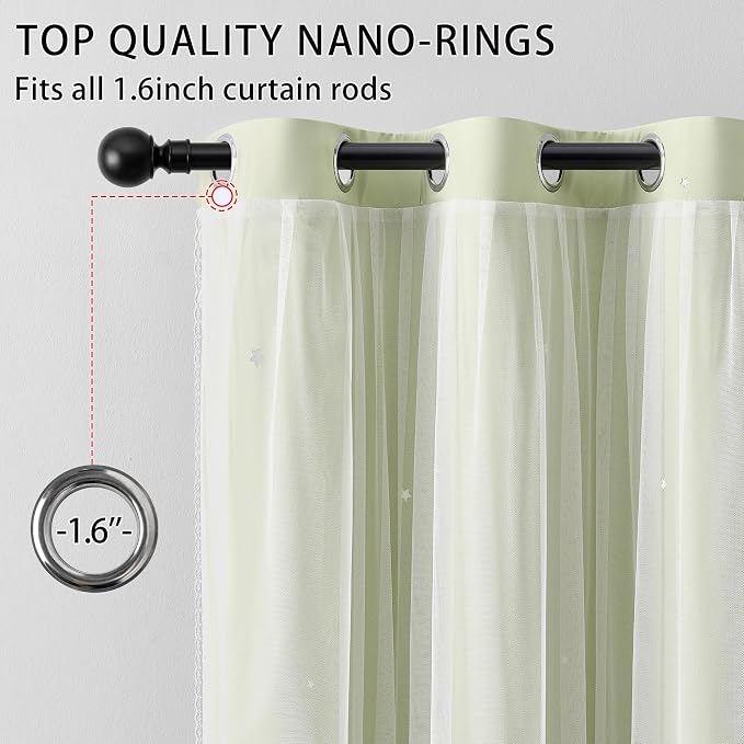 XiDi 90" Long Room Darkening Curtains Thermal Insulated Drapes Grommet Top Light Blocking Blackout Curtain for Living Room Bedroom Star Cut Out Wall Home Decor Window Treatment 2 Panels Sage Green