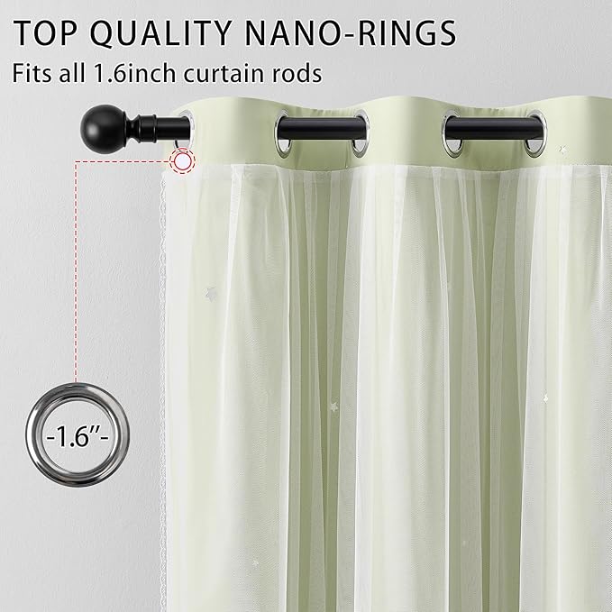 XiDi Sage Green Blackout Curtains for Kids Bedroom 72 Inch Length 2 Panels Double Layer Curtains with Sheer Overlay Privacy Thermal Insulated Grommet Window Star Curtains for Living Room W34 x L72