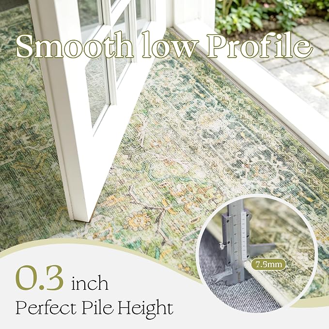2x3 Washable Green Vintage Distressed Oriental Retro Entryway Rug | Non Slip Low Pile Oriental Soft Thin Small Carpet Throw Rugs Door Mat Retro Entry Entrance Kitchen Bedroom Bathroom Laundry