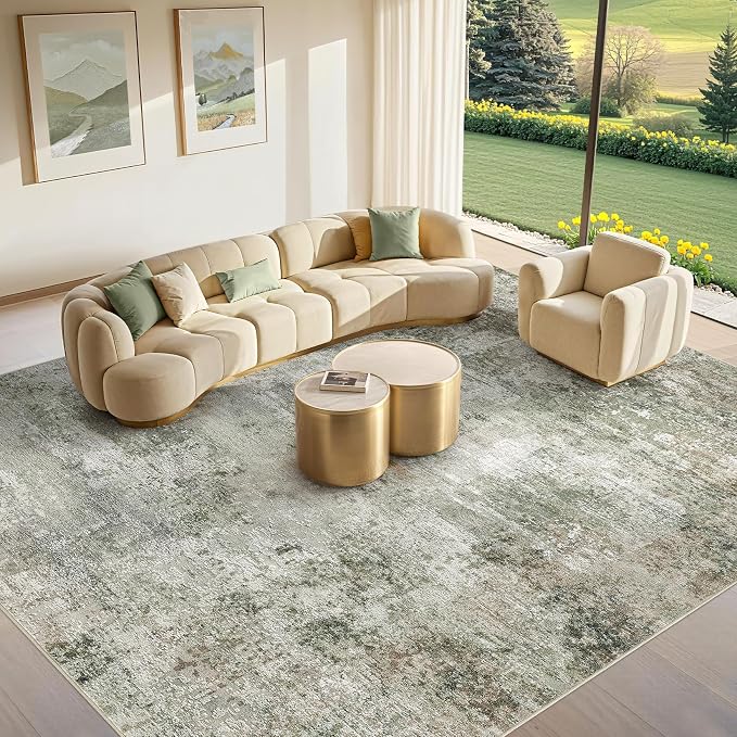 Tortania Area Rug Living Room Rugs - 9x12 Washable Large Soft Neutral Boho Moroccan Bohemian Farmhouse Rug Indoor Floor Carpet for Bedroom Under Dining Table Home Office Decor - Olive Brown