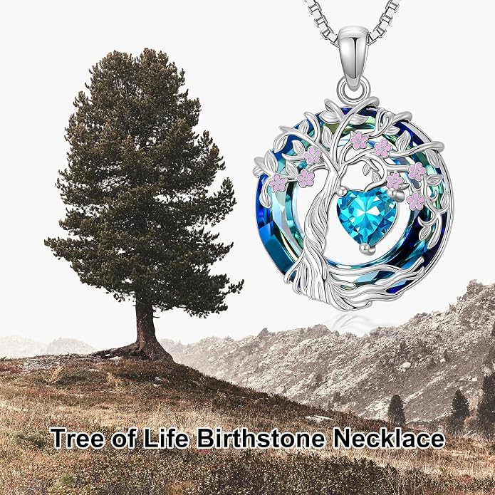 Tree of Life Birthstone Necklace 925 Sterling Silver Crystal Tree of Life Pendant Birthstone Jewelry Birthday Christmas Gifts for Women Mom Her Wife