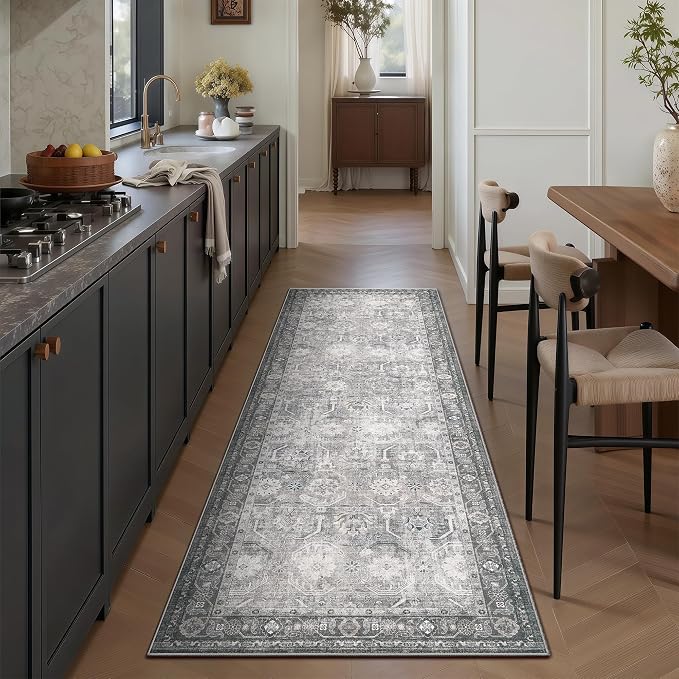 Runner Rug, Washable Non Slip Low Pile Kitchen Runner, Soft Boho Modern Rug for Hallways, Bedroom, 2x6, Distressed Grey