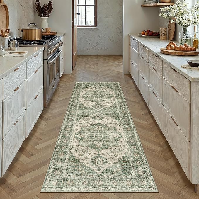 HUGEAR 2x6 Runner Rug Green Machine Washable Area Rug Room Decor Vintage Distressed Hallway Rugs Low Pile Carpet Non Slip Rugs for Kitchen Laundry Living Soft Lightweight