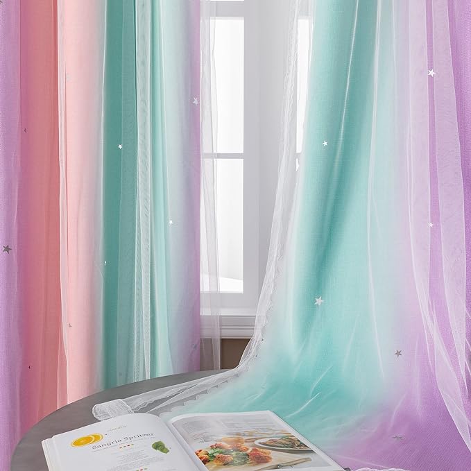 XiDi Blackout Curtains for Girls Bedroom Decor Kids Colorful Rainbow Design | Unicorn Princess Wall Decor Pink Ombre Curtains Princess Room 72 Inches Long 34 Wide 2 Panel Sets Pink Purple Green