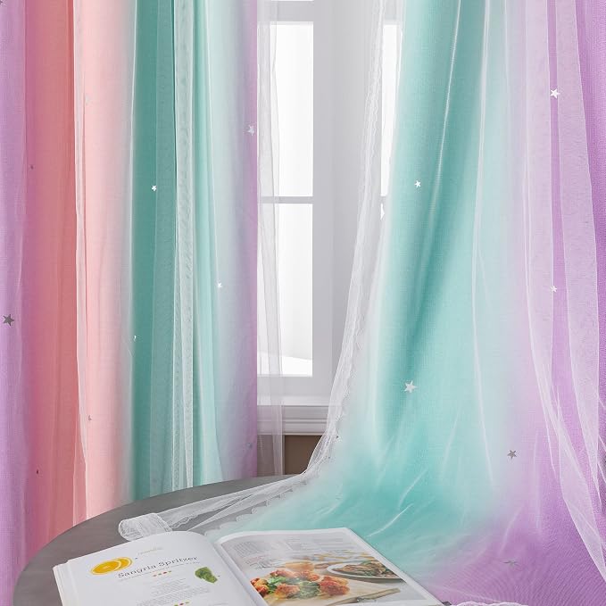 XiDi Blackout Curtains for Girls Bedroom Kids Room Unicorn Wall Decor | Ombre Curtain Princess Theme Home Decor 72 inches Length Colorful Rainbow Design 52 Wide 2 Panel Sets Pink/Purple/Green