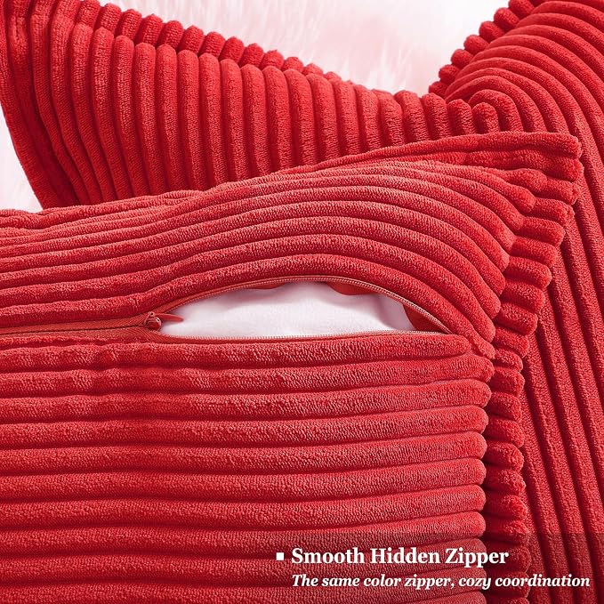decorUhome Fall Corduroy Red Throw Pillow Covers 18x18 Set of 2 | Couch Decorative Soft Modern Boho Farmhouse Pillow Covers Broadside Striped Pillow Cases for Living Room Bed Sofa