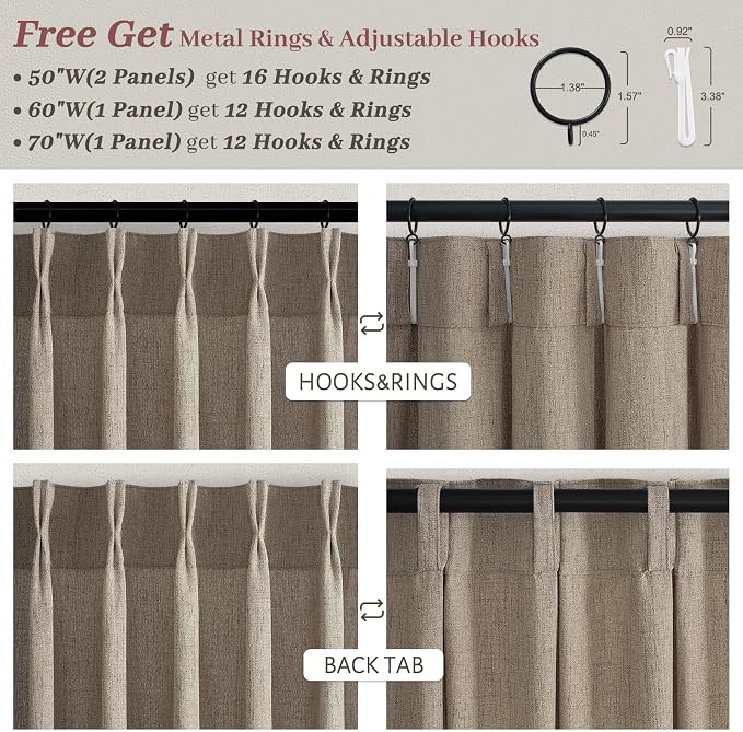 Semi Sheer 102 Inch Extra Long Classroom Curtains 2 Panels Set, Dark Brown Memory Trained Pinch Pleated Flax Linen Light Filtering Privacy Cottage Core Curtain Office Floor to Ceiling Window Drapes