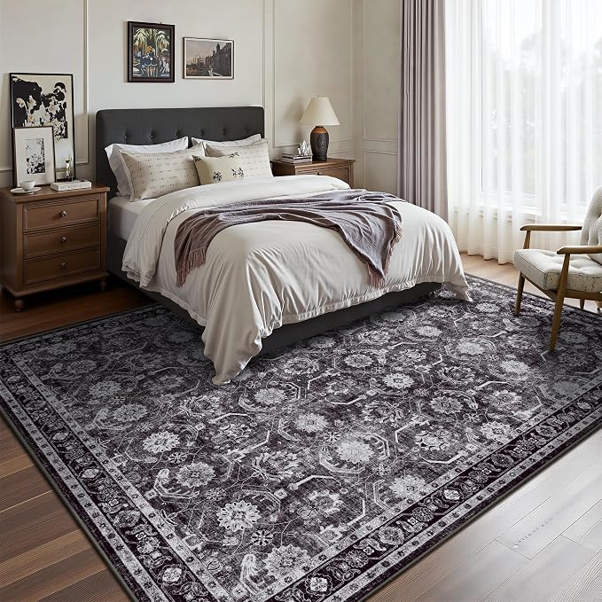 5x7 Area Rugs, Soft Non Slip Low Pile Washable Rug, Boho Modern Rug for Living Room, Bedroom, Dining Room, Black