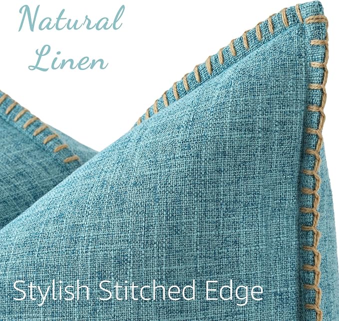 decorUhome Teal Faux Linen Outdoor Throw Pillow Covers 26x26 Set of 2 | Fall Decorative Textured Neutral Modern Farmhouse Pillow Covers with Stitched Edge for Couch Sofa Bed Living Room