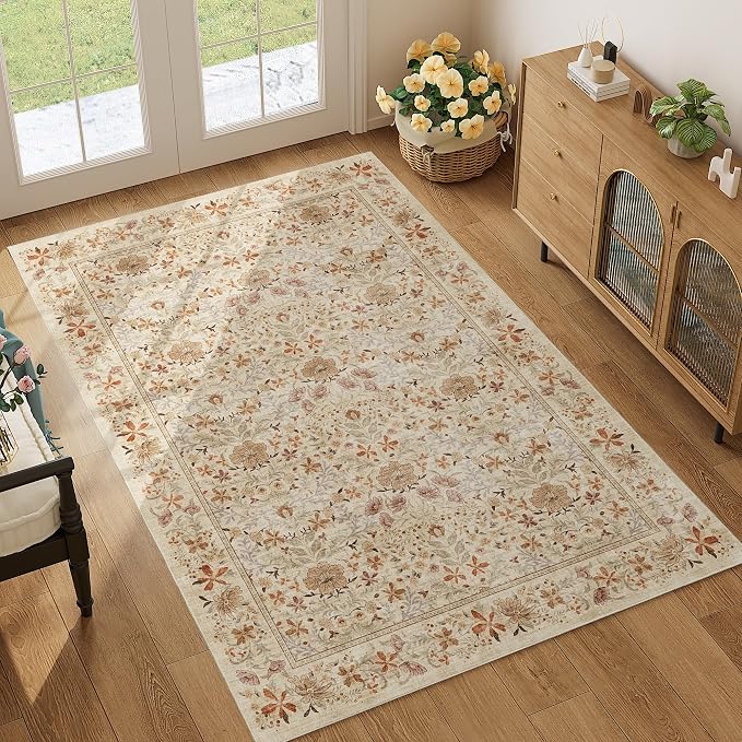 DUKINO 4x6 Rug for Living Room, Washable Vintage Floral Area Rug, Beige | Non Slip, Low Pile, Non-Shedding, Aesthetic Lightweight Soft Indoor Carpet for Bedroom Kitchen Bathroom Entryway Farmhouse