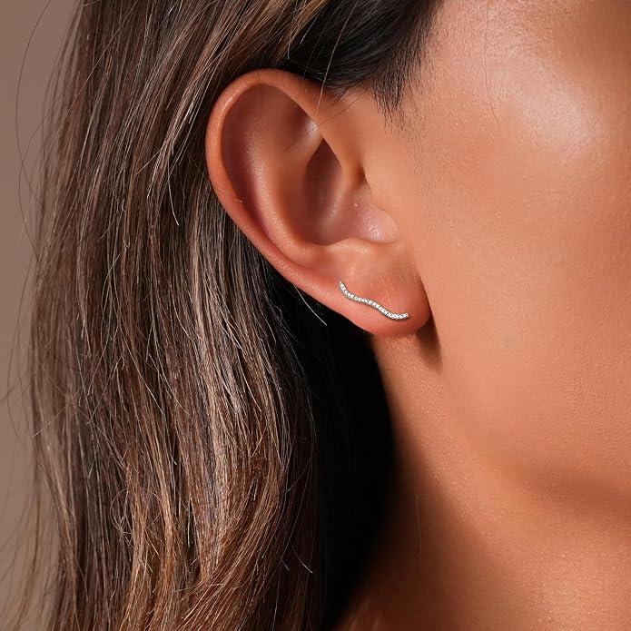 925 Sterling Silver Ocean Wave Crystals Ear Cuffs Climber Cartilage Earrings for Women, Dainty White CZ Trendy Earring Jewelry Hypoallergenic Fashion Earring Jewelry Gift for Birthday Wedding