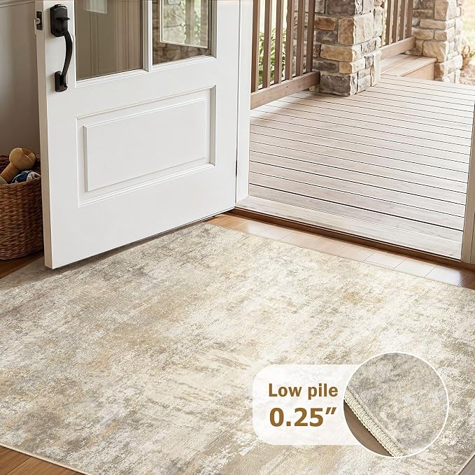 cotiled 3x5 Washable Rug Abstract Soft Non Slip Entryway Rugs | Stain Resistant, Robot Vacuum & Pet Friendly, Low-pile, For Living Room, Bedroom, Dining Table, Nursery Beige