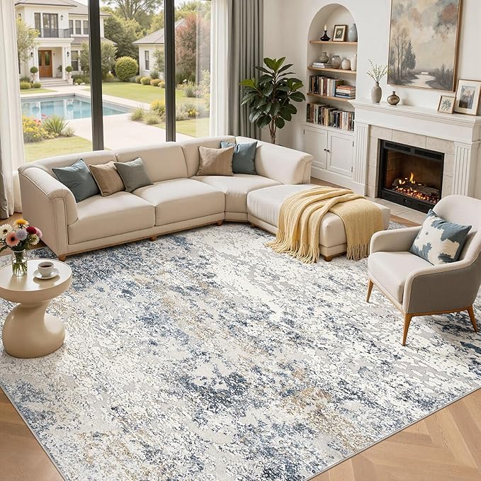 DMOYEST Area Rug Living Room Rugs - 12x15 Washable Extra Large Soft Indoor Neutral Modern Abstract Low Pile Rug Carpet for Bedroom Dining Room Farmhouse Home Office - Beige Blue