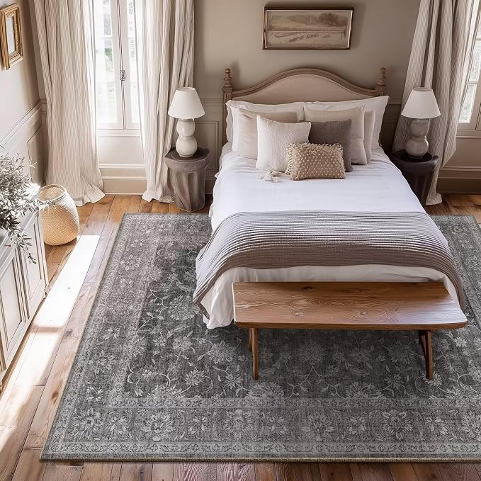 Boho Washable 5x7 Area Rugs for Living Room, Cushioned, Dark Grey | Vintage Non-slip Rugs for Bedroom Dining Room Nursery Office, 0.3" Neutral Oriental Throw Thin Carpet, Grey/Multi