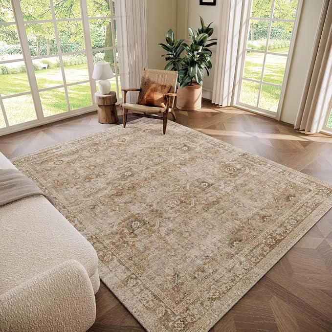 Boho Washable 5x7 Area Rugs for Living Room, Cushioned, Brown | Vintage Non-slip Rugs for Bedroom Dining Room Nursery Office, 0.3" Neutral Oriental Throw Thin Carpet, Brown