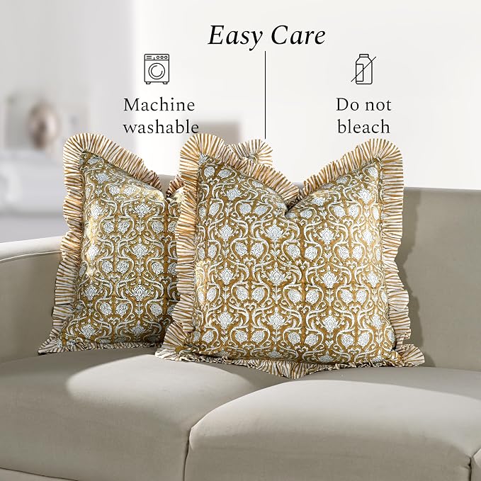 CPC Block Print Ruffle Throw Cover Mustard Regal 20"x20" Inch Pack of 2-100% Cotton Ruffle Couch Decorative Boho Pillows Case for Living Room, Bedroom, Sofa, Farmhouse Gift for Spring, Mother's Day