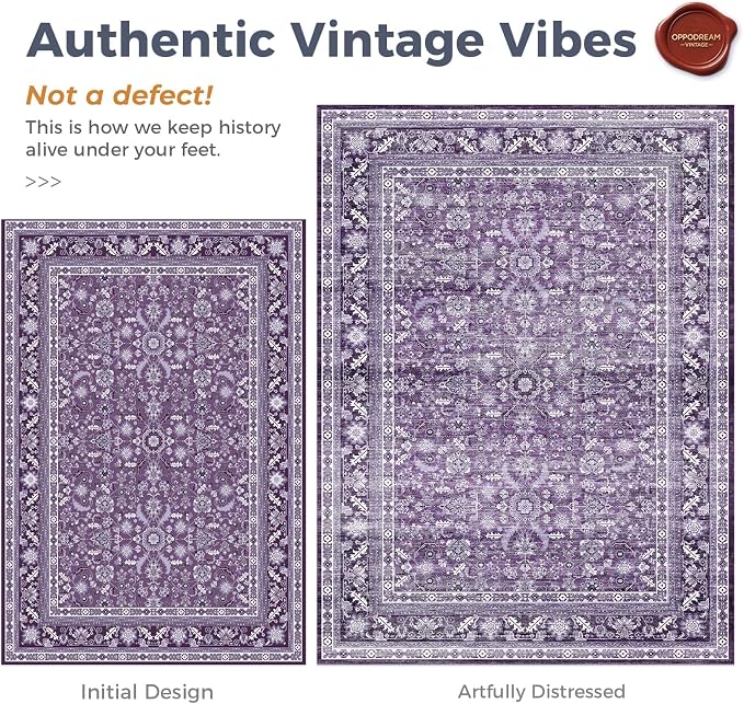 OPPODREAM Vintage Purple Area Rugs 3x5, 3 x 5 Retro Washable Rug Non Slip, Low-Pile Faux Wool Carpet, Distressed Floor Mat for Living Room, Bedroom, Kitchen, Office, Dorm, Dinning Room