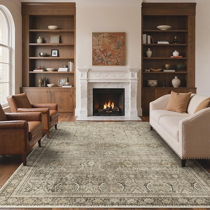 BESBLEE 3X5 Area Rugs Machine Washable Rugs for Living Room, Vintage Boho Large Rugs for Bedroom Dining Room, Non Slip Indoor Soft Distressed Lightweight Thin Low Pile Carpet, Dark Brown