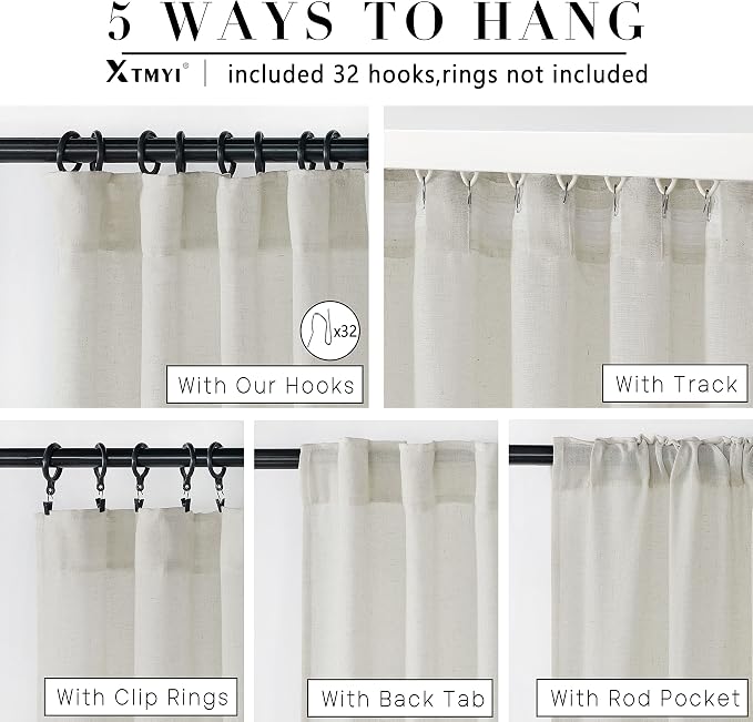 Extra Wide Curtains 70 In Width for 72 Inch Window,Pleated Back Tab Linen Semi Sheer Full Length Curtains for Living Room Sliding Glass Door 2 Panel Set,72x102,70x102,6FT x 102 Inches Long,Cream