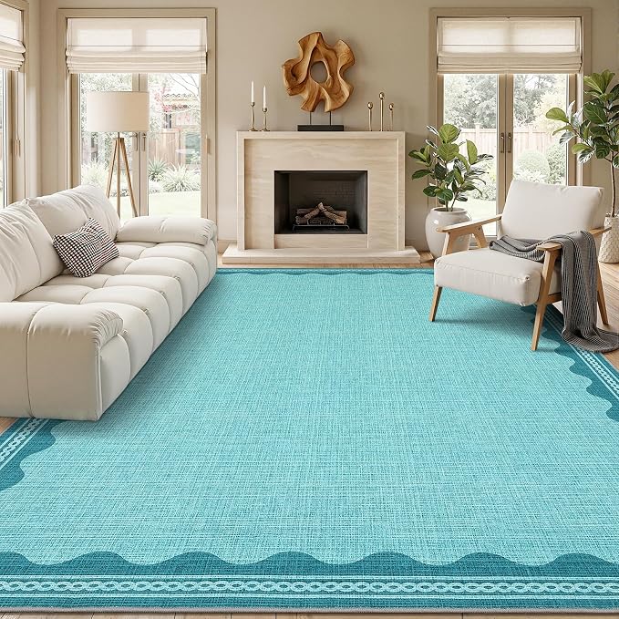 GarveeHome Scalloped Teal Washable Rugs 8x10 Rug for Living Room Solid Modern Minimalism Soft Low-Pile Carpet for Bedroom Dining Nursery Non Slip TPE Backing