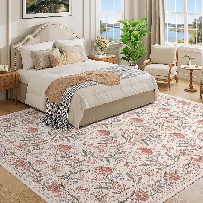 DUKINO 8x10 Area Rug Vintage Floral Washable Rug for Living Room Beige Pink | Non Slip, Low Pile, Non-Shedding, Stain Resistant Boho Soft Indoor Large Carpet for Bedroom Dining Room Farmhouse, Home Decor