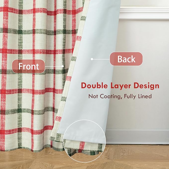 DriftAway 100% Blackout Plaid Curtains 84 Inches Long 2 Panels Red Green | 100% Blackout, Linen Texture, Plaid Pattern, Two Layers, Rod Pocket & Back Tab, Bedroom Living Room Use, Luxury Appearance