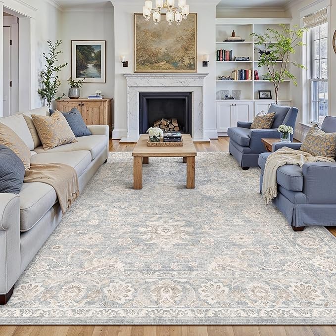 7x10 Washable Blue Cream Area Rug for Living Room Bedroom Neutral Floral Non Slip Throw Rug Soft Low Pile Distressed Carpet for Dining Room Nursery Office Indoor