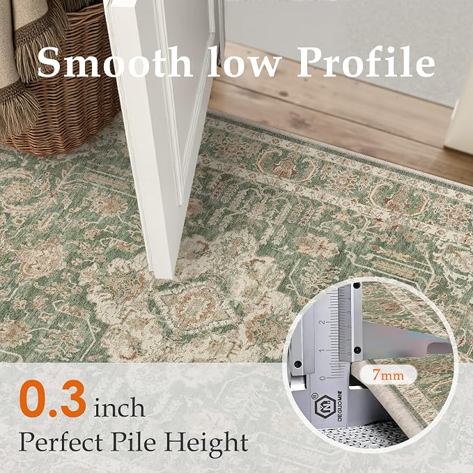 HUGEAR 2x6 Runner Rug Green Machine Washable Area Rug Room Decor Distressed Vintage Hallway Rugs Non Slip Carpet Low Pile Rugs for Kitchen Laundry Living Soft Lightweight