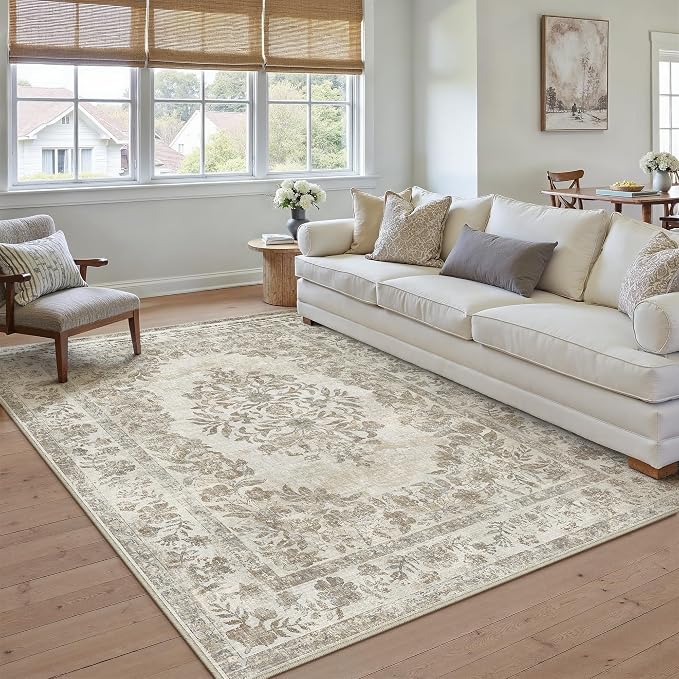 PureCozy 8x10 Area Rug Beige Washable Vintage Distressed Living Room Carpet Large Bedroom Indoor Medallion Floral Non Slip Retro Throw Floor Mat for Office Dining Room Kitchen Bathroom