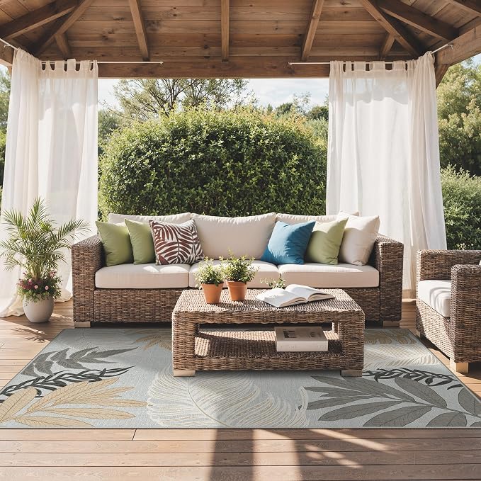 GENIMO 8x10 Outdoor Rug, Washable Quick Dry for Patio, Sand Grey | Botanical leaf design for backyard; fade resistant chenille with quick-dry non-slip backing for indoor living rooms.