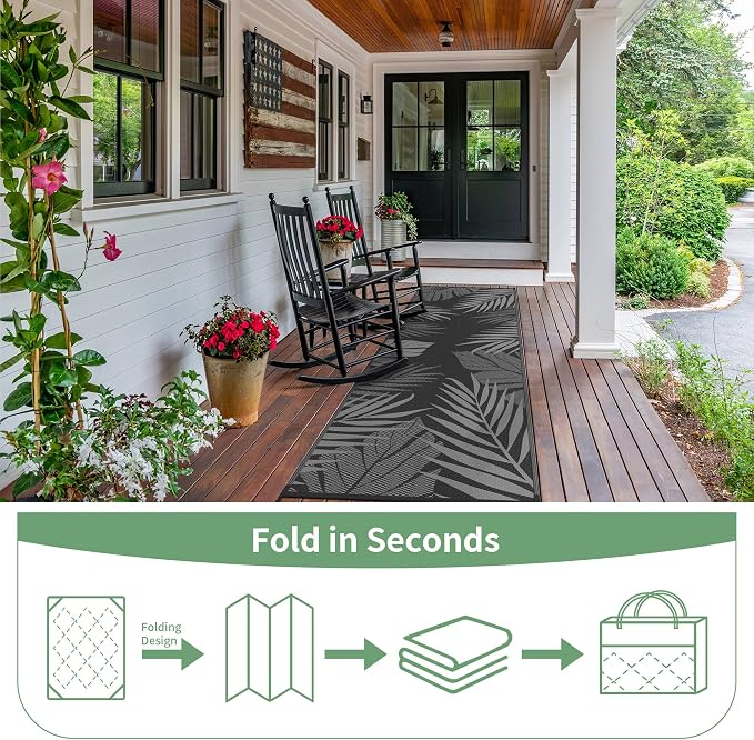 GENIMO Outdoor Rug, Waterproof Plastic Runner Rugs, 2.5'x8' Black Grey | Outside Leaf Carpet Mat for Patio Decor, Porch, Deck, Balcony, Camping, RV, Picnic, Beach, Reversible, Foldable, Lightweight