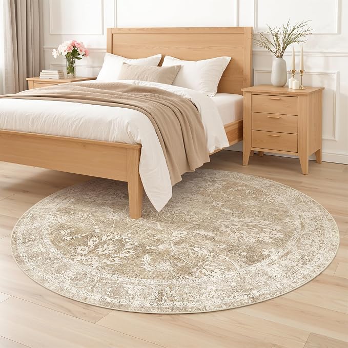 Madane Washable Round Rug 6ft for Living Room, Soft Ultra-Thin Non-Slip Vintage Floral Circle Area Rug, 6x6 Round Throw Carpet for Entryway Nursery Bedroom Kitchen Dining Room (Beige/Brown, 6'Round)