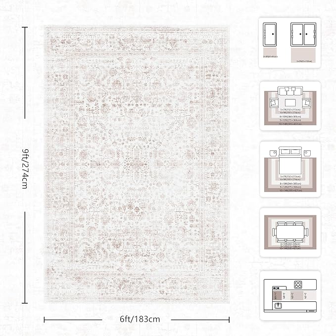 6x9 Area Rugs, Washable Vintage Retro Floral Rug for Living Room, Low Pile Non Slip Distressed Large Carpet for Bedroom, Dining Room, Office, Home (Pink)