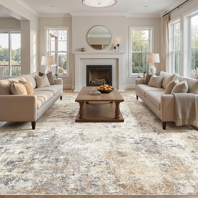 UERMEI 12x15 Area Rug Living Room Rugs - Washable Neutral Modern Abstract Soft Thin Large Rug Indoor Floor No Slip Rug Carpet for Bedroom Under Dining Table Home Office Decor - Golden Grey