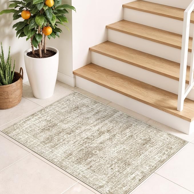 2x3 Rug Non Slip, Small Washable Entryway Rug,Brown | Welcome Mat,Runner for Kitchen,Front Door,Bathroom,Bedroom,Thin Area Rug,Soft Foldable Indoor Carpet,Stain Resistant