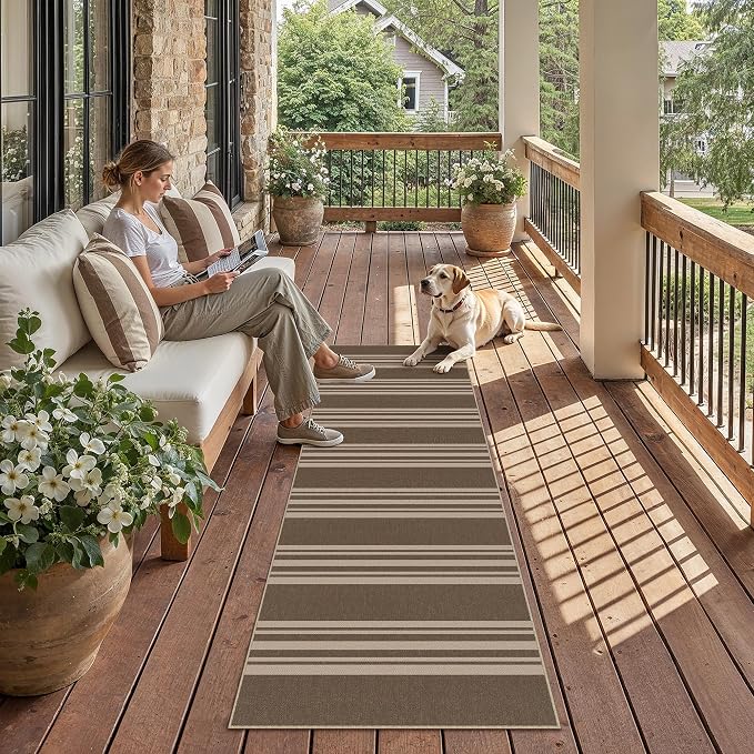 PureCozy Washable Kitchen Runner Rug 2x6 Striped Jute Look Non Slip | Brown Stripe Farmhouse Design, Indoor Outdoor Hallway Runner for Entryway, Laundry Room and Kitchen, Non Shedding, Easy Care