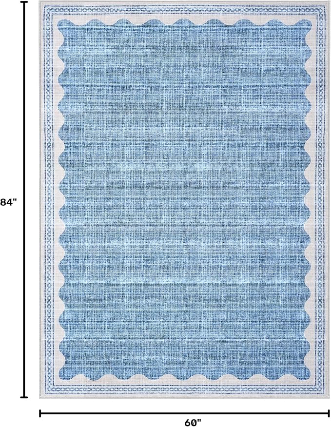 GarveeHome 5x7 Rug for Living Room, Scalloped 5 X 7 Area Rugs Washable Non-Slip Solid Blue Modern Minimalism Low-Pile Carpet for Bedroom Dining Nursery Mat with Rubber Back