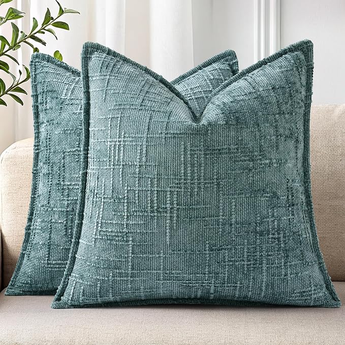 decorUhome Chenille Decorative Throw Pillow Covers 20x20 Set of 2,Teal | Soft Texture, Slubby Modern Design, Flange Edges, Cozy Accent Pillow Covers for Couch, Sofa, Bed, Living Room